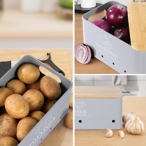 Kitchen Vegetable Storage Set of 3, Metal Onion Garlic Potato Storage Set, Kitchen Canisters Vegetable Keeper Containers with Aerating Holes and Bamboo Lid,Grey - Image 4