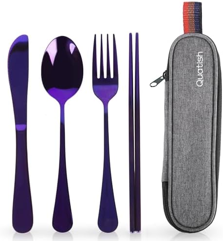 Travel Utensils with Case, Quatish Portable Silverware Set for Work, Stainless Steel Reusable Travel Cutlery Set, Fork and Spoon Set for Camping, EDC Gadgets, Lunch Box for Men, Purple by Quatish