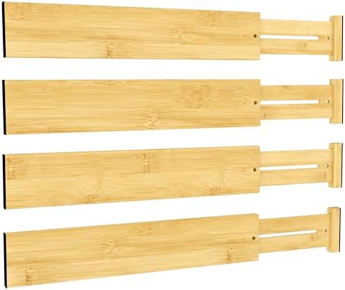 BAMEOS Bamboo Expandable Drawer Dividers – Fits 16.65"–22" Drawers, 3" Deep Walls, Set of 4 | Taller Spring-Loaded Separator Keeps Items Upright in Kitchen & Dresser Drawers by BAMEOS
