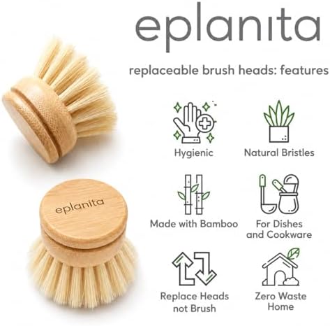 eplanita Replacement Brush Heads (Pack of 4) for Bamboo Dish Brush, Sisal Bristle Refills, Agave Cactus Fibres, Kitchen Eco Scrubber, Plastic Free Washing Up, Zero Waste Cleaning - Image 2