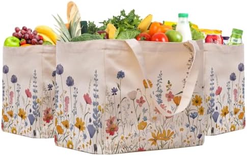 Aesthetic Canvas Reusable Grocery Bags Heavy Duty, 8.3 gal Foldable Large Tote Bag with Handles, Holds 60 lbs & Washable Eco-friendly Bags with 5 Pockets, Beige with a print 3 Bags（Wildflowers） by CNaiyunpin