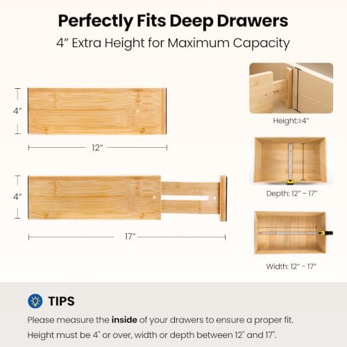 4 Pack 4" Deep Bamboo Drawer Dividers, 12-17" Expandable Kitchen Organizers - Image 2