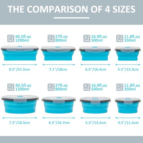 Collapsible Silicone Food Storage Containers Set with Lid & Air Vent, Foldable Lunch Containers, 16 Pack (8 Rectangular + 8 Round Bowls), BPA-Free, Space-Saving - Image 6