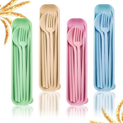 4 Sets Reusable Utensils Set with Case,Camping Cutlery Set Travel Silverware Set with Case Lunch Utensils Set for Work,Utensil Sets for Lunch Picnic Daily Use Outdoor (COLOR A) by ZGQHZR