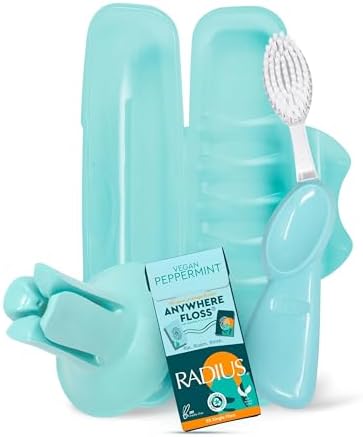 RADIUS Vacation Pastel Bundle, Includes Left Handed Big Brush with Replaceable Head, Toothbrush Travel Case, DOC Toothbrush Holder, Anywhere Travel Floss Packette, Mint Green, 4 Piece Bundle by RADIUSCorporation