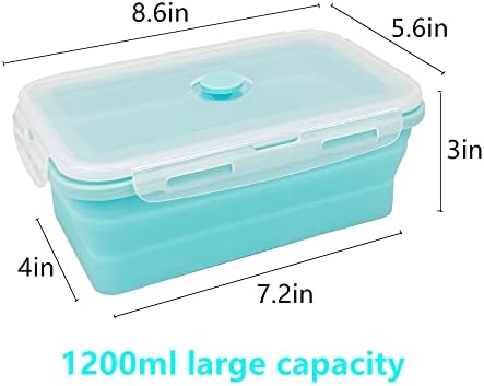 CARTINTS Large Collapsible Camping Food Containers, 1200ml Silicone Lunch Container, Microwave Safe Reusable Meal Prep Container For Indoor&Outdoor Kitchen With Foldable Spoon, Blue - Image 2