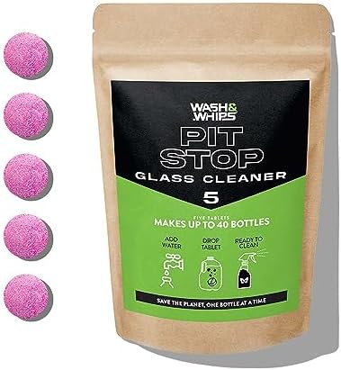 WASH&WHIPS Glass Cleaner Tablets (Makes 5 Gal/20L/40 Bottles) - Streak-Free, Cleans Glasses, Windows, Windshields - Car, Office, Home & Kitchen (5 count, Pink Tablets) by WASHWHIPS