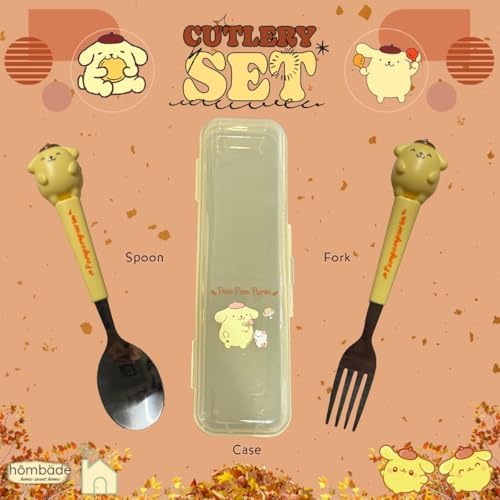 Stainless Steel Cutlery Tableware Flatware Silverware 3 Piece Set Portable Reusable Travel Cute Kawaii Anime Cartoon Dog Bunny for Boys and Girls (Yellow Pom Pom) - Image 2