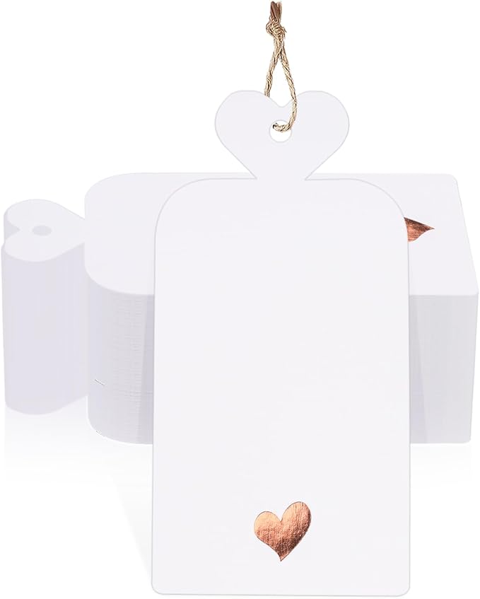 jijAcraft 100Pcs Gift Tags with String, Blank Gift Tags with Foil Rose Gold Heart, 4x2Inch White Paper Tag, Hanging Name Labels for Birthday, Wedding, Baby Shower