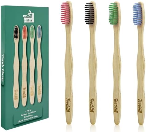 Bamboo Toothbrushes Medium Bristles 4 Pack - BPA Free Medium Bristles Natural Toothbrushes for Adults - Eco-Friendly, Wood Toothbrush by ToothHaHa