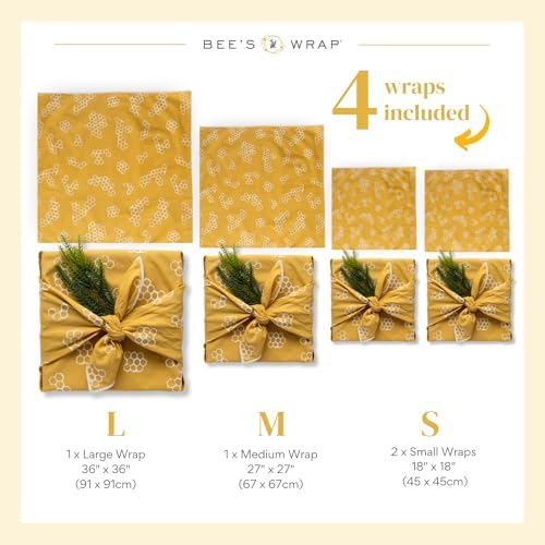 Bee's Wrap Furoshiki Gift Wrap, 4 Pack - Mustard Honeycomb - Image 3