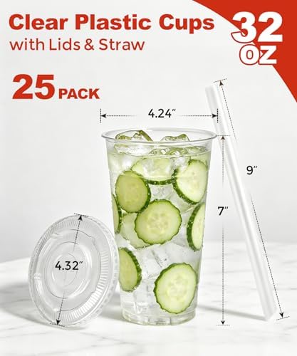 Ginkgo 32 oz Clear Plastic To Go Cups with Lids and Straws - Image 2