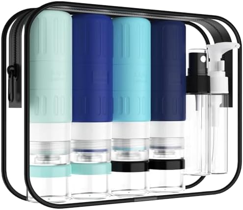 GLAMFIELDS Travel Bottles for Toiletries,TSA Approved 3.3oz Size LeakProof Silicone Toiletry Containers for Shampoo, Conditioner,Easy to Squeeze，Portable Travel Essentials for Lotion(18 Pack) Blue by GLAMFIELDS
