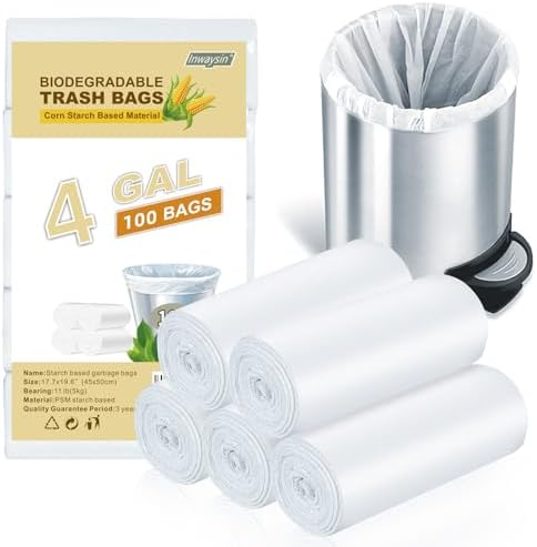 Small White Trash-Bags Bathroom 4 Gallon - Compostable Garbage Bags 4 Gallon 100 Count Biodegradable Unscented Little Waste Basket Kitchen Office Car Tiny Liners Bulk Strong Thick Inwaysin by Inwaysin