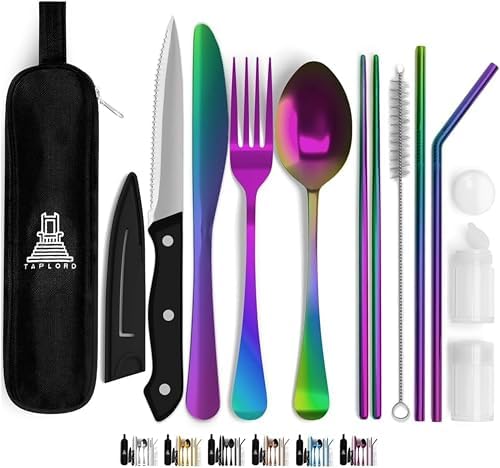 Taplord Portable Travel Silverware Set With Case, Includes 10 Pcs of Travel Utensils With Case, Stainless Steel Flatware Set For Camping, Lightweight (Multi-Color) by Taplord