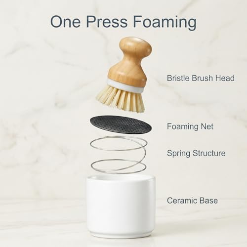 ONEMORE Bamboo Dish Brush with Ceramic Foaming Base, Kitchen Sink Scrub Brush Set with Spring and Mesh Insert, Wooden Handle Dishwashing Brush for Pots Pans Plates Bowls, White - Image 5