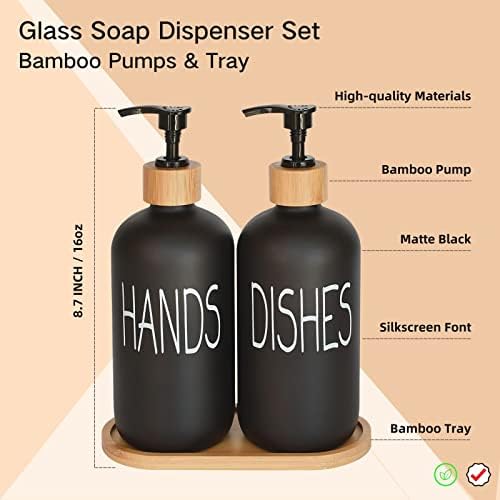 Glass Soap Dispenser Set. Hand and Dish with Bamboo Tray. Vintage Pump for Kitchen Drain Outlet Bathroom. Stylish Permanent Labels (Matte Black) - Image 2
