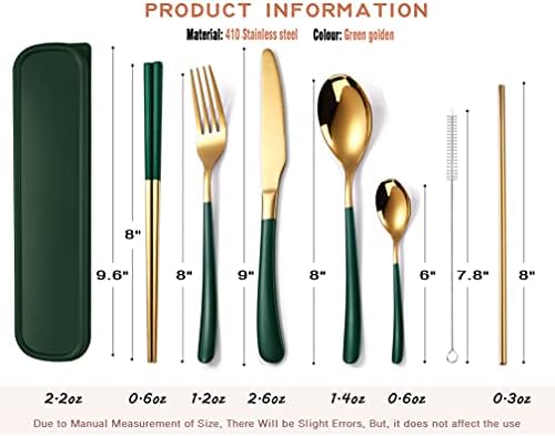 AARAINBOW 7 Pieces Stainless Steel Flatware Set Portable Reusable Cutlery Set Travel Utensils Set Including Chopsticks Knife Fork Spoon Straws Cleaning Brush Dishwasher Safe (7 Green Golden) - Image 2