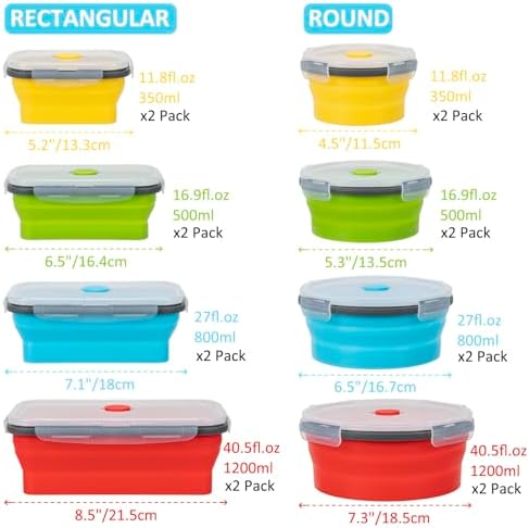 Collapsible Food Storage Containers with Lid & Air Vent, 16 Pack, 8 Rectangular + 8 Round, Annaklin Foldable Silicone Lunch Containers Collapsible Bowls Set, Microwave Freezer Dishwasher Safe, 4-Color - Image 6