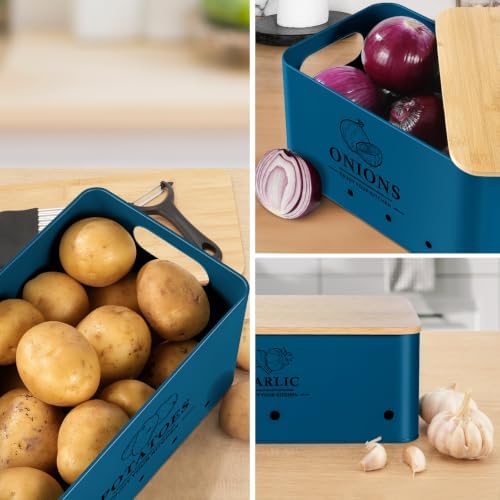 Kitchen Vegetable Storage Set of 3, Metal Onion Garlic Potato Storage Set, Kitchen Canisters Vegetable Keeper Containers with Aerating Holes and Bamboo Lid,Dark Blue - Image 6