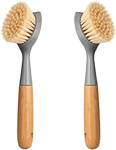 2 Pack Kitchen Dish Brush Bamboo Handle Dish Scrubber Built-in Scraper by Songtaste