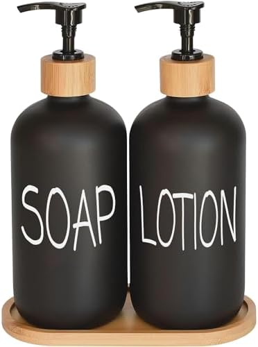 Black Soap Dispenser Bathroom Set, Set with Glass Dispenser, Bamboo Pumps & Tray. Hand and Lotion Suitable for Farmhouse Decor by DIDROOM