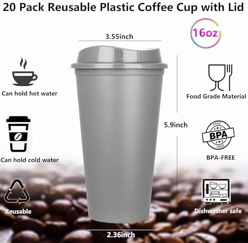 20 Pack Reusable Coffee Cups with Lids 16 oz Plastic Tumblers Travel Mug Iced Coffee Cup for Adults and Women Hot and Cold Drinks, Microwaveable(Grey) - Image 2