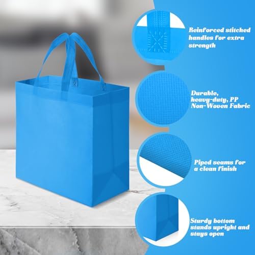Reginary 50 Pcs Reusable Tote Bags Shopping Bags Non Woven, Sky Blue - Image 5