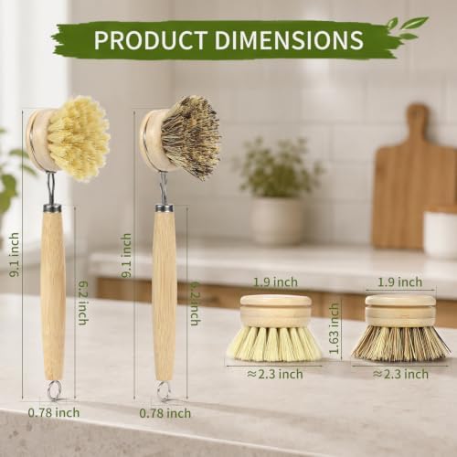 Bamboo Dish Brush with Handle, Natural Dish Brush Set Includes 2 Replacement Brush Heads, Kitchen Scrub Brush with Sisal and Palm Bristle for Cleaning Dishes, Pans and Vegetables - Image 3