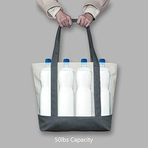 TOPDesign 3-Pack Canvas Tote Bags with an External Pocket, Reusable Grocery Shopping Bags, Top Zipper Closure, Daily Essentials (Grey/Natural) - Image 6