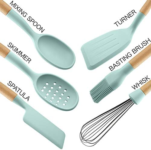 Country Kitchen Non Stick Silicone Utensil Set with Rounded Wood Handles for Cooking and Baking, 6 Piece Set, Mint - Image 2