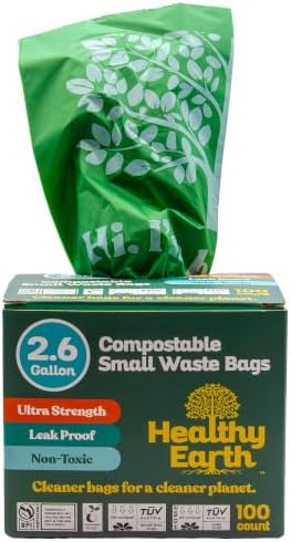 Healthy Earth 2.6 Gallon Compostable Trash Bags – 100 Count Small Trash & Kitchen Compost Bags for Countertop Bins, Extra Thick Plant-Based Food Scrap Liners, BPI & TÜV Certified ASTM D6400 by HealthyEarthBags
