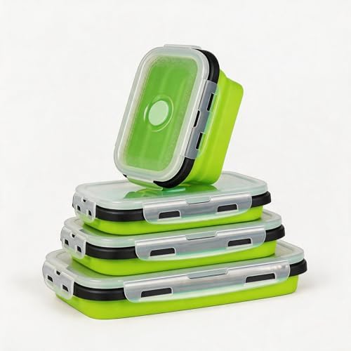 Collapsible Silicone Food Storage Containers Set, 4PCS Foldable Lunch Boxes with Lids & Air Vent, 27oz Multifunctional Travel Food Containers, Bento Boxes, Green by Unknown