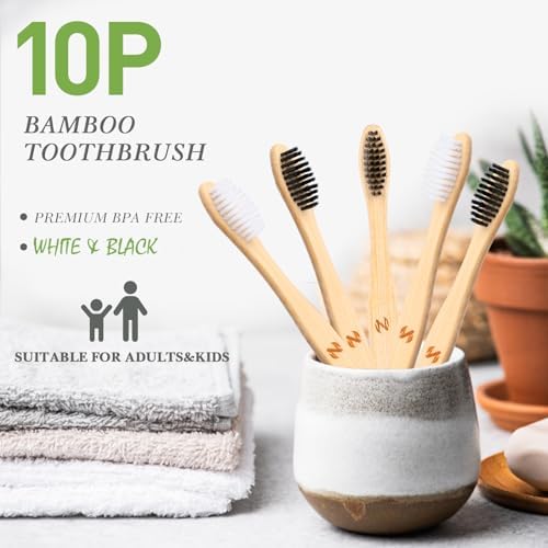 10 PCS Bamboo Toothbrushes, Individually Wrapped Wooden Toothbrushes Bulk - Image 2
