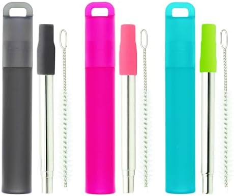NAIVELY-Metal Reusable Straws 3 Pack Collapsible Portable Stainless Steel Drinking Straw Telescopic Travel Straw, with Case and Cleaning Brush Foldable Pocket Straws by NAIVELY