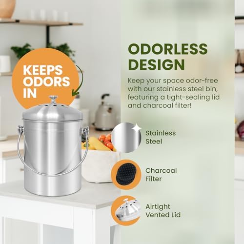Reli. 1.3 Gallon Stainless Steel Compost Bin for Kitchen | Charcoal Filters - Image 3