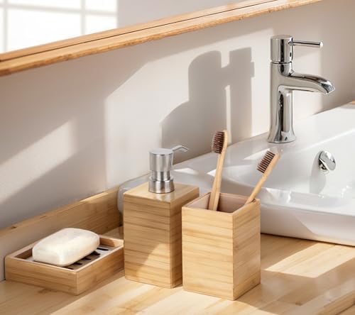 Clasin Home Bamboo Bathroom Accessories Set, 3 Pcs Wood Bathroom Accessories Soap Dispenser, Toothbrush Holder, Soap Dish, Kitchen Soap Dispenser Set for Home Decor, Housewarming Gift - Image 2