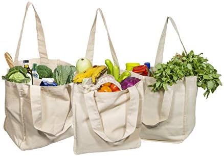 Best Canvas Grocery Shopping Bags - Cloth Grocery Tote Bags - Reusable Cotton Grocery Tote Bags with Bottle Sleeves by OrganicCottonMart