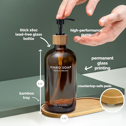 Vine Creations Amber Glass Soap Dispenser Set, Hand Soap and Dish Soap Dispenser Set with Bamboo Tray, 16 oz Glass Dispensers Bottle for Kitchen and Bathroom Decor Modern Boho with Bamboo Pump (Amber) - Image 5