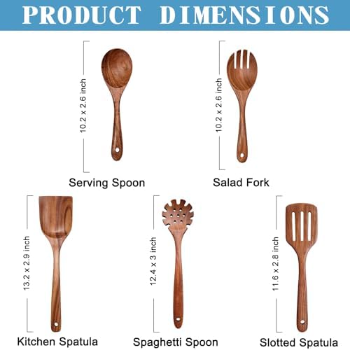 Wooden Spoons for Cooking Non-Stick Kitchen Pan Toolset 5 PCS Set,Natural Kitchen Utensils Spatula, Wooden Cooking Utensils Spoons, Fried Spatula and Salad Fork, Pasta Spoon, Wooden Spoon Set - Image 4