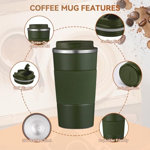 17OZ Travel Coffee Mug Insulated Coffee Cup with Spill Leak Proof Lid, Portable Stainless Steel Tumbler Reusable Hot and Cold Water Mug for Car, Daily, Camping- Military Green - Image 5