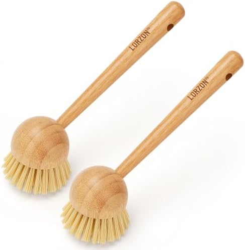 Lorzon 2 Pack Dish Brush with Handle, Bamboo Dish Scrub Brush, Kitchen Brushes for Dishes, Scrubber, Pots, Pans, Sink, Dishwashing Cleaning Brush by Lorzon