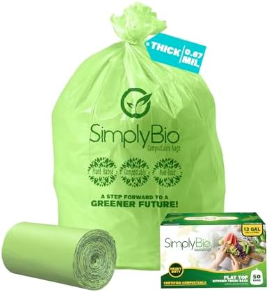 Simply Bio 13 Gallon Compostable Trash Bags Liners with Flat-Top, Thick 0.87 Mil, 49.21 Liter, 50 Bags, Tall Kitchen Food Scrap Waste Bag, ASTM D6400, US BPI and OK Compost Home Certified by SimplyBio