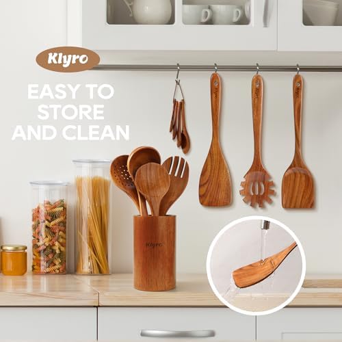 KLYRO Wooden Spoons for Cooking, Nonstick Kitchen Utensils Set with 4 Piece Measuring Spoons, Comfort Grip Wooden Spatula Set, 9 Piece Teak Wooden Cooking Utensils with Holder and Spoon Rest - Image 5