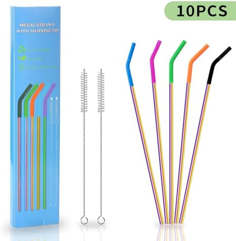 Lazycorner 10 Pcs Metal Straw Reusable 8.5" 6mm Stainless Steel Straws,20oz-32oz, Colorful Drinking Straws with Silicone Tips, 4 Straw Cleaner Brush, 1 Travel Case - Image 2