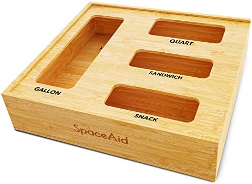 SpaceAid Bag Storage Organizer for Kitchen Drawer, Bamboo Organizer, Compatible with Gallon, Quart, Sandwich and Snack Variety Size Bag (1 Box 4 Slots), 2.5" High by SpaceAid