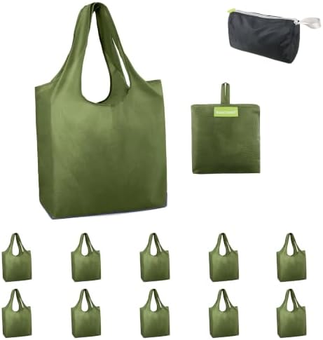 BeeGreen Dark Green Reusable Grocery Bags Bulk 10 Packs, Kitchen Reusable Shopping Bags 50LBS Large, Machine Washable Durable, Easily Foldable with a Storage Bag by BeeGreen