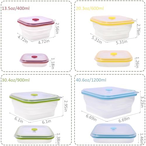 Set of 4 Collapsible Full Silicone Food Storage Containers with Lids, Square Clear Bento Lunch boxes for Meal Prep, Lunch, Leftovers, Travel, Microwave Fridge Dishwasher Safe, BPA Free - Image 2
