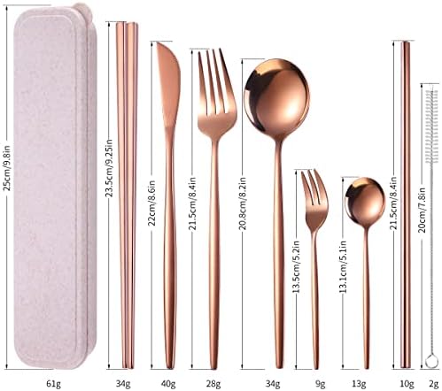 AARAINBOW 8 Pieces Stainless Steel Flatware Set Portable Reusable Cutlery Set Travel Utensils Set Including Chopsticks Knife Fork Spoon Straws Cleaning Brush Dishwasher Safe (Rose Golden) - Image 2