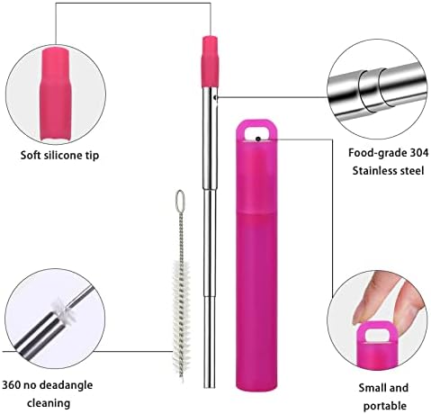 NAIVELY-Reusable Straws 6 Pack Collapsible Portable Stainless Steel Straws with Case,Silicone Tips and Cleaning Brush,Retractable Portable Travel Straw - Image 2